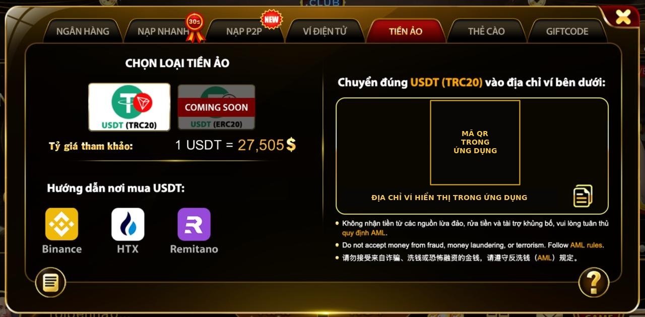 Hướng dẫn nạp USDT tại HitClub